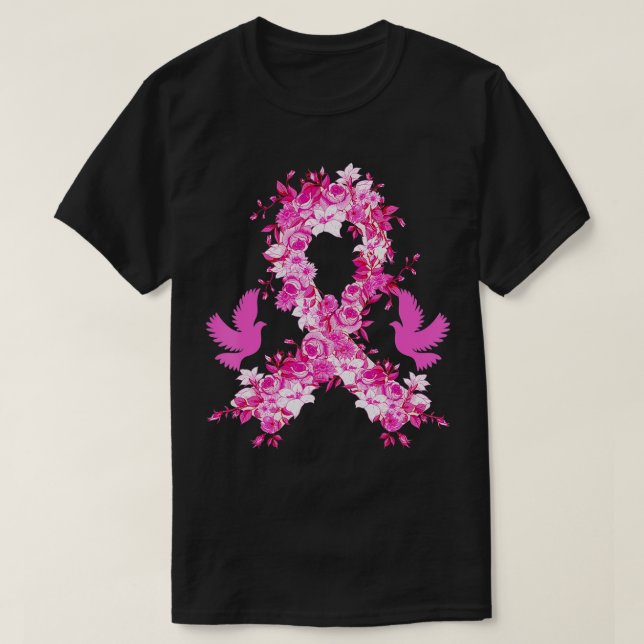 T-shirt Ruban rose floral Sensibilisation au cancer du sei (Design devant)