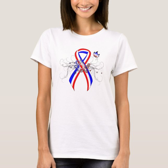 T-shirt Ruban rouge, blanc et bleu avec papillon (Devant)