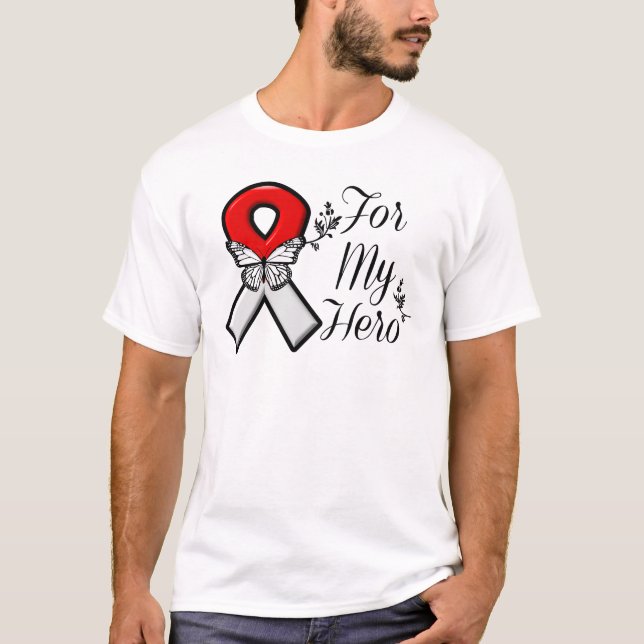 T-shirt Ruban rouge et blanc pour mon héros (Devant)