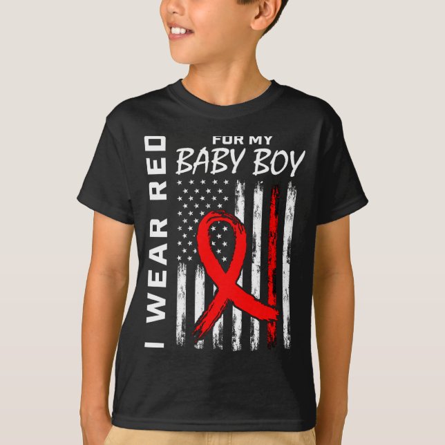 T-shirt Ruban Rouge Pour Mon Fils Maladie Cardiaque Drapea (Devant)