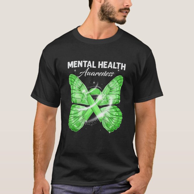 T-shirt Ruban vert papillon mignon Sensibilisation à la sa (Devant)