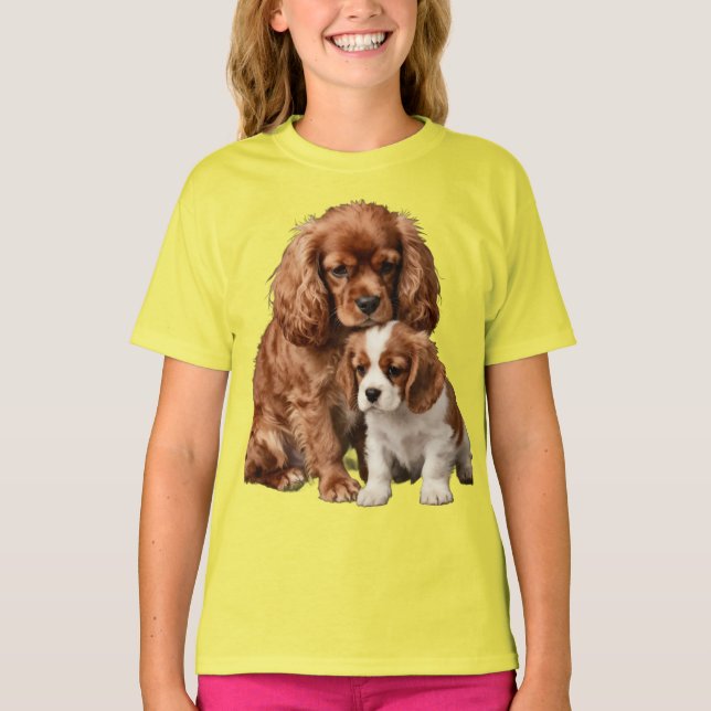 T-shirt Ruby Cavalier Spaniel et son chiot Blenheim (Devant)