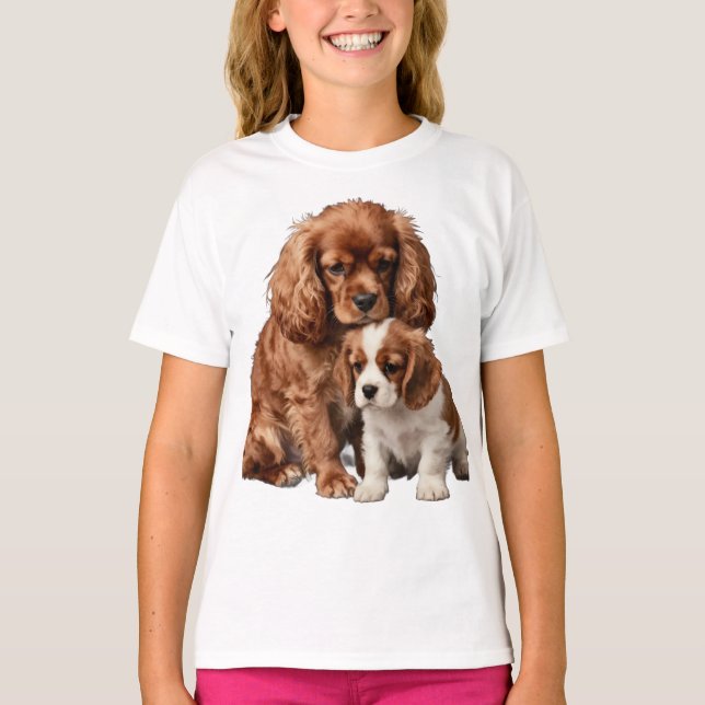 T-shirt Ruby Cavalier Spaniel et son chiot Blenheim (Devant)