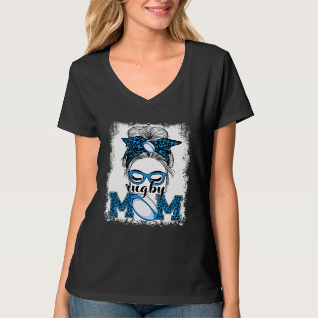 T-shirt Rugby Mom Mother's Day Game Day Messy Bun Leopard (Devant)