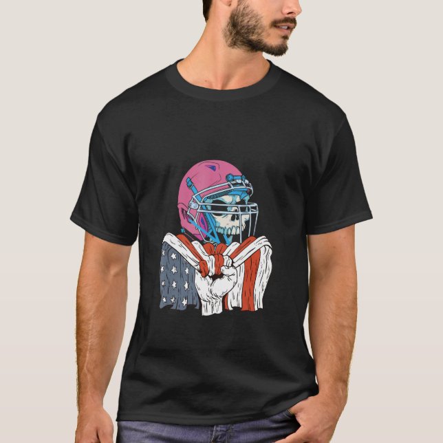 T-shirt Rugby Player Skeleton with helmet and American Fla (Devant)