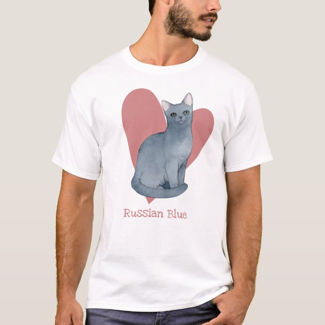 T-shirt Russe Bleu Chat Aquarelle Kitty Coeur rose (Devant)