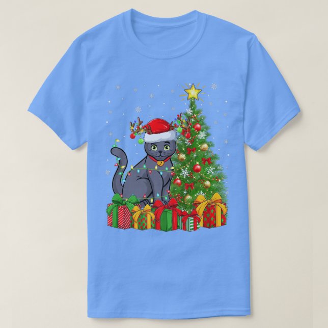 T-shirt Russe Bleu Chat Éclairage Xmas Arbre Russe Bleu C (Design devant)