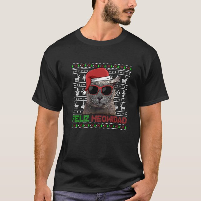 T-shirt Russe Bleu Chat Feliz Meowidad Noël drôle (Devant)