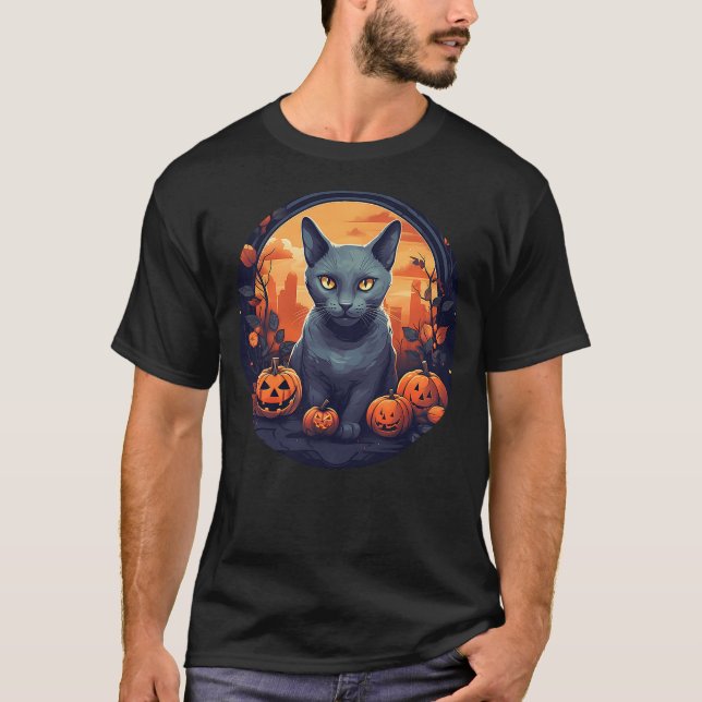 T-shirt Russian Blue Cat, Halloween Pumpkin, Love Cats (Devant)