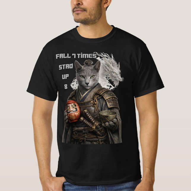 T-shirt Russian Blue Samurai Cat (Devant)