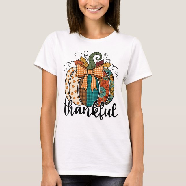 T-shirt Rustic Patchwork Pumpkin Fall Gingham Bow Autumn (Devant)