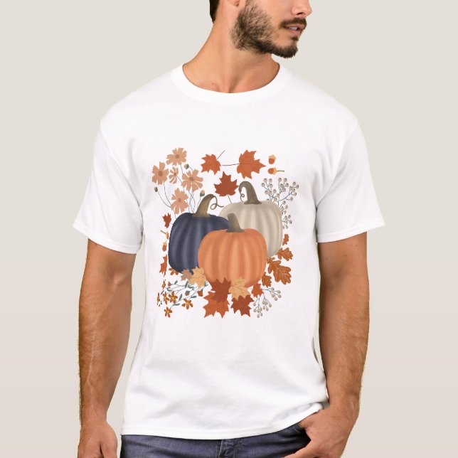 T-shirt Rustique Automne Citrouille Feuille Fleur sauvage (Devant)