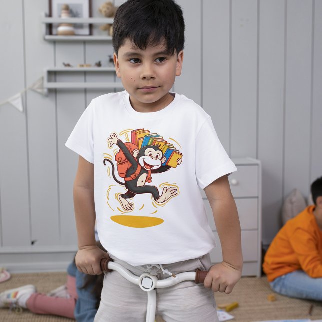 T-shirt Sac à dos caricaturale de l'école de singe et livr (Cheerful Monkey School Cartoon Backpack & Book Fun)