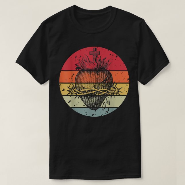 T-shirt Sacred heart de Jésus Christ Retro Sunset Art Cath (Design devant)
