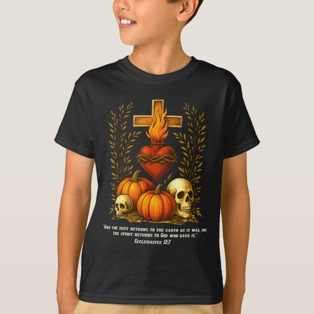 T-shirt Sacred Heart Halloween Jesus Skulls Pumpkins Chris (Devant)