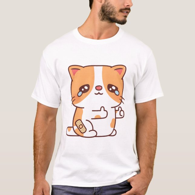 T-shirt Sad Crying Cat But Thumbs Up (Devant)