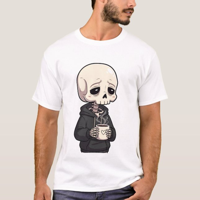 T-shirt Sad Skeleton Wearing Hoodie Drinking Hot Coffee (Devant)