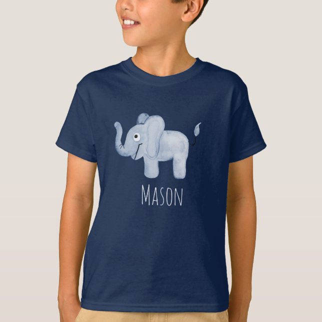 T-shirt Safari éléphant bleu d'aquarelle avec nom (Devant)