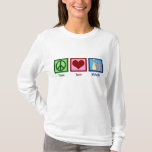 T-shirt Sage-femme d'amour de paix<br><div class="desc">Un signe de paix, coeur, et une image d'un éléphant mignon sages-femmes de symbolisation de transport d'un bébé.</div>