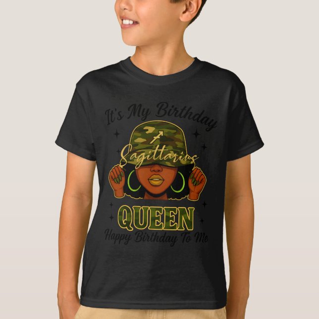 T-shirt Sagittarius Queen Black Woman With Cap Camo It's M (Devant)