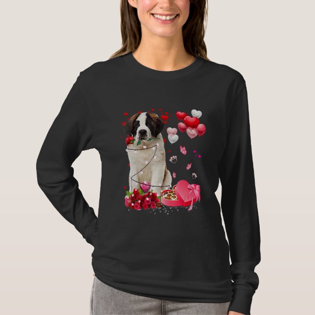 T-shirt Saint Bernard Rose Heart Happy Valentine Day Dog M (Devant)