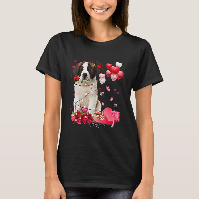 T-shirt Saint Bernard Rose Heart Happy Valentine Day Dog M (Devant)