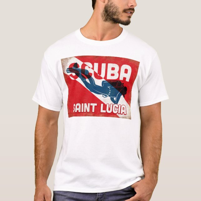 T-shirt Saint Lucia Scuba Diver - Blue Retro (Devant)