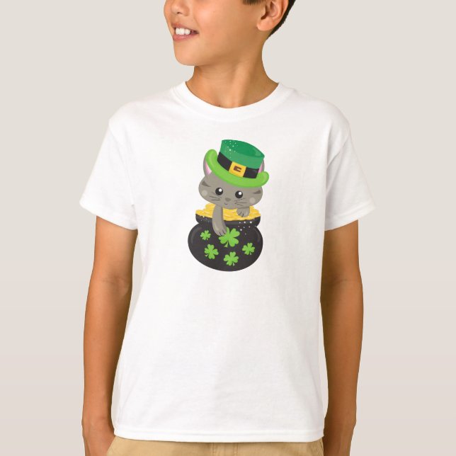 T-shirt Saint Patrick's Day Chat, Clovers, Pot D'Or (Devant)