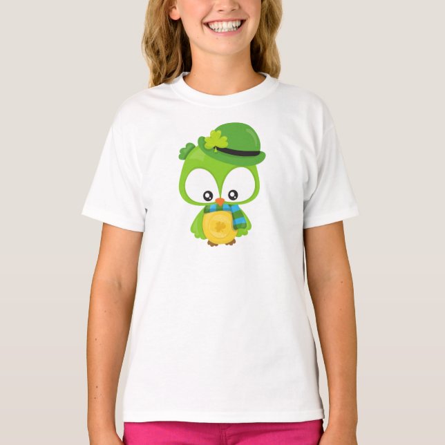T-shirt Saint Patrick's Day Owl, Clovers, Leprechaun Casqu (Devant)