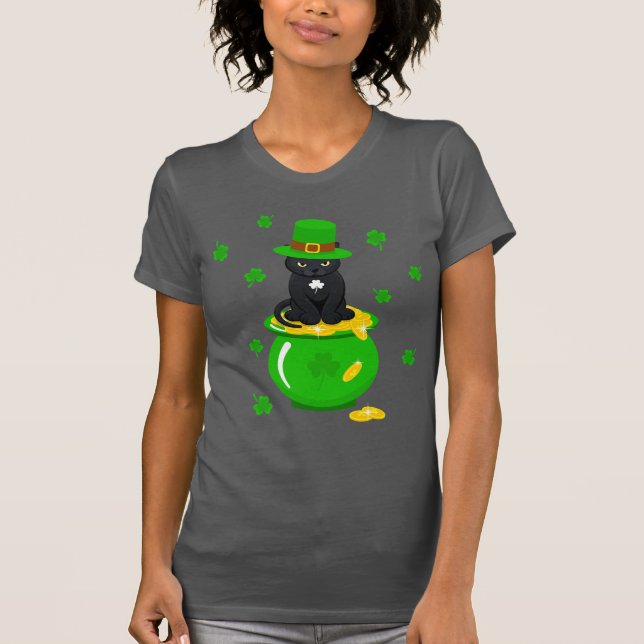T-shirt Saint Patrick's Day Shamrock Pot of Gold Black Cat (Devant)