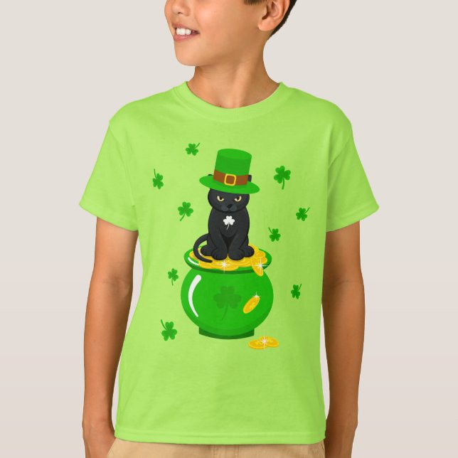 T-shirt Saint Patrick's Day Shamrock Pot of Gold Black Cat (Devant)