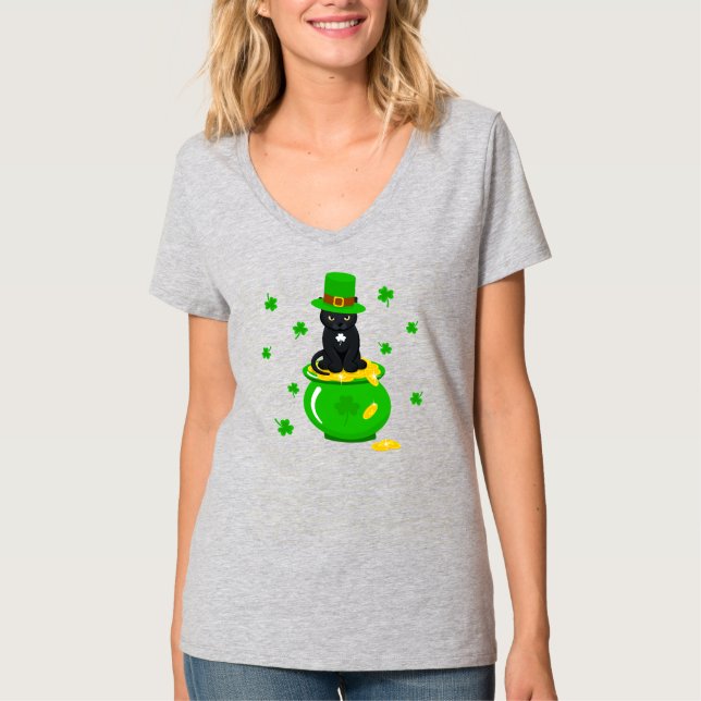 T-shirt Saint Patrick's Day Shamrock Pot of Gold Black Cat (Devant)