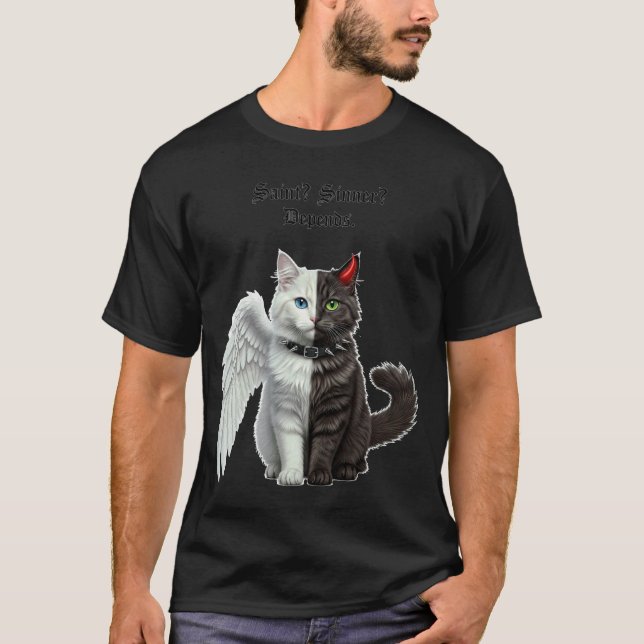 T-shirt Saint pécheur dépend. Chat satanique petit athée (Devant)