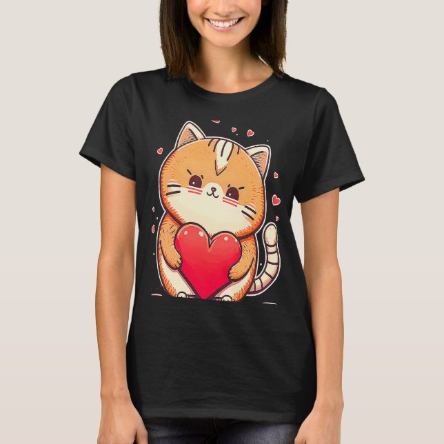 T-shirt Saint-Valentin Chat Cute Chat tenant un coeur (Devant)