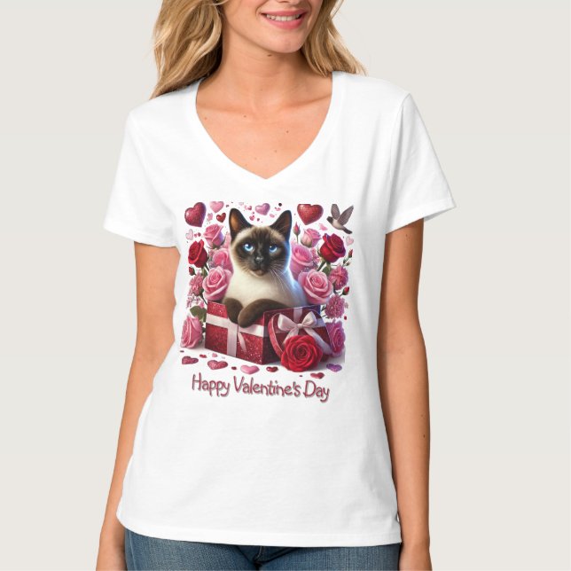 T-shirt Saint-Valentin des Coeurs et Rose Siamese Chat (Devant)