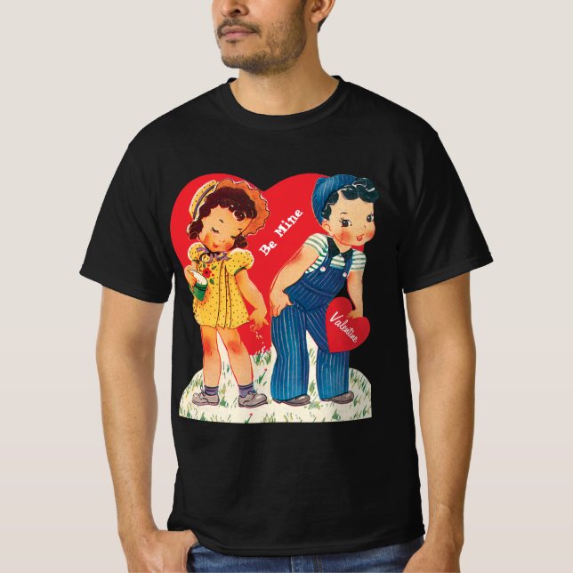 T-shirt Saint-Valentin Rétro, Cœurs de Fille et de Garçon  (Devant)