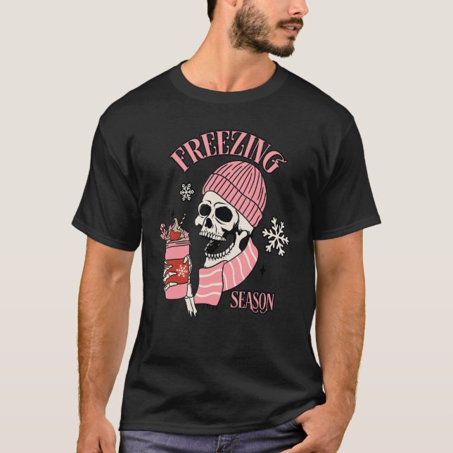 T-shirt Saison de gel Squelette Boire Café (Devant)