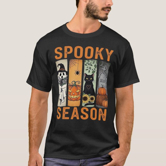 T-shirt Saison effrayante � Fantôme mignon, chat noir, cit (Devant)