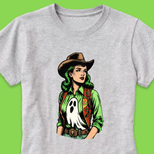 T-shirt Saison éffrayante Green Retro Cowgirl avec fantôme