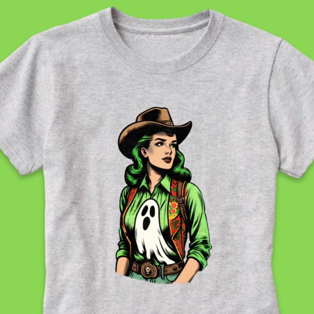 T-shirt Saison éffrayante Green Retro Cowgirl avec fantôme (Spooky Season Green Retro Cowgirl with Ghost T-Shirt)