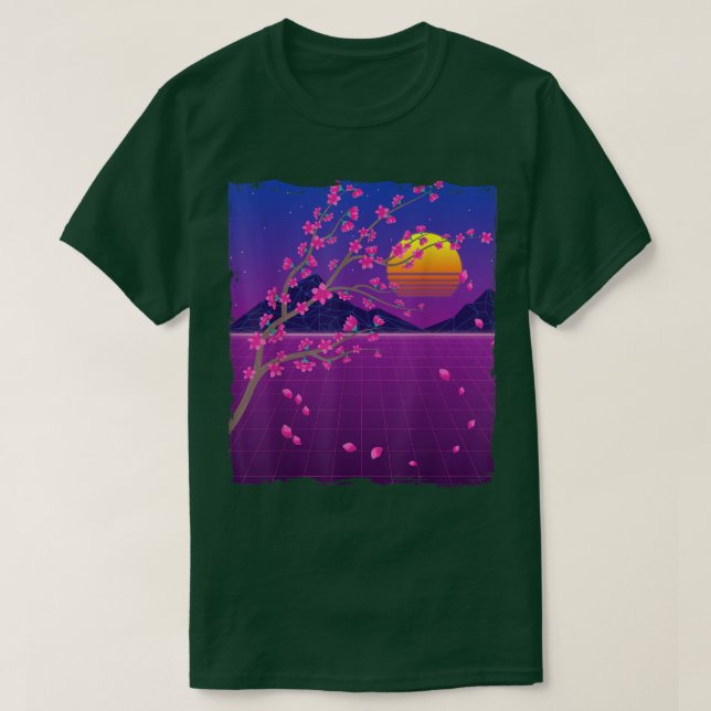 T-shirt Sakura Flower Japan 80s Vaporwave Sunset Cherry Bl (Design devant)