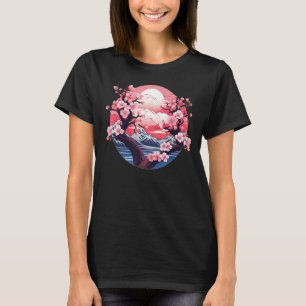T-shirt Sakura Flower Plantes avec Montagnes et soleil pou