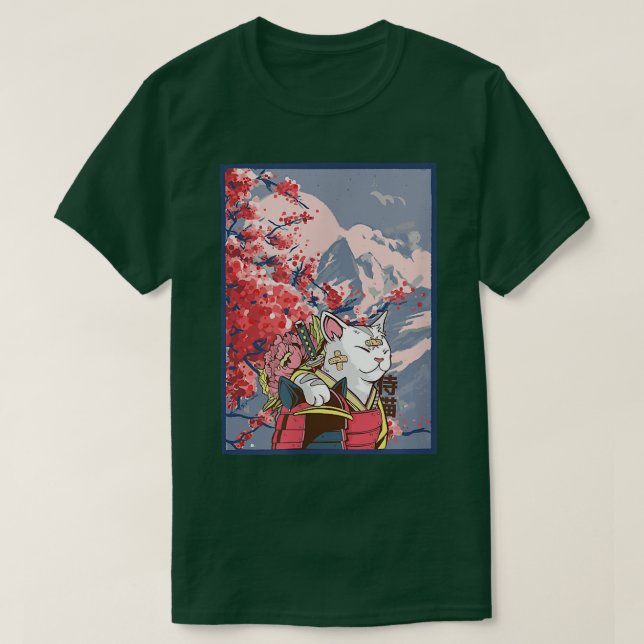 T-shirt Sakura Samurai Cat Mountain Aesthetic Anime Japane (Design devant)