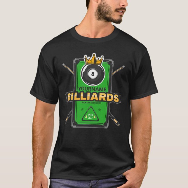 T-shirt Salle de billard personnalisée NOM Boule 8 Couronn (Devant)
