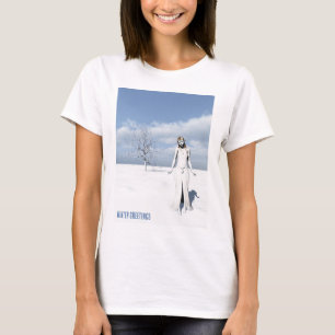 T-shirt Salutations d'hiver. Elfe féminine marchant dans l