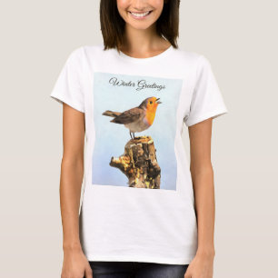 T-shirt Salutations d'hiver. Rouge-gorge chantant