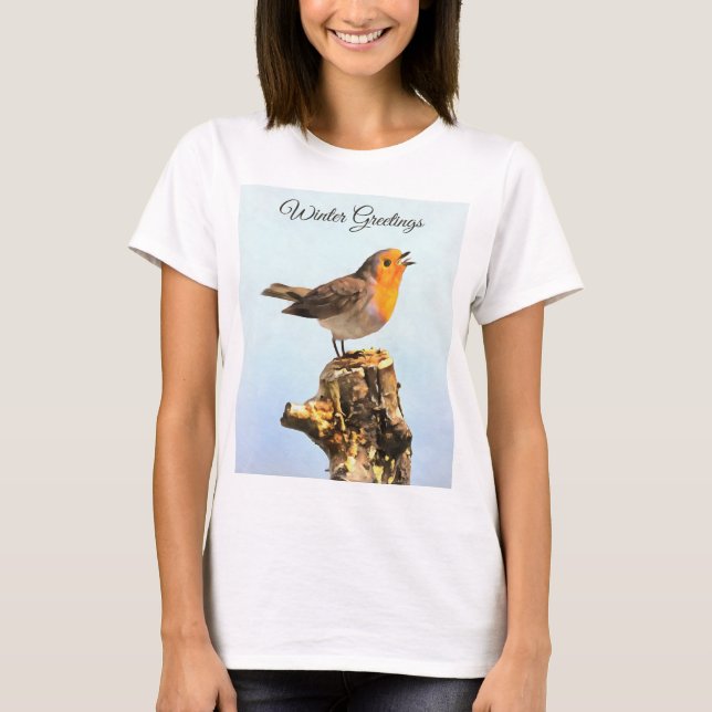 T-shirt Salutations d'hiver. Rouge-gorge chantant  (Devant)
