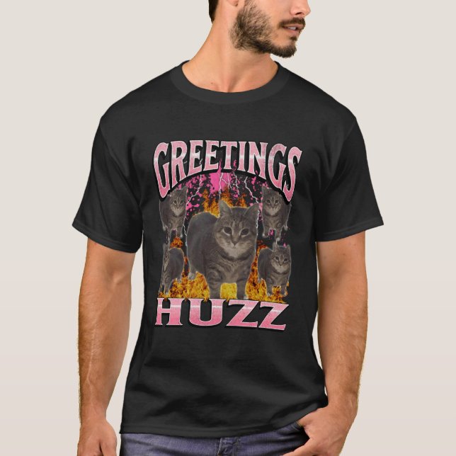 T-shirt Salutations Huzz Mème de Chat Drôle Graphique Cont (Devant)