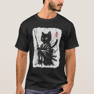 T-shirt Samouraï Chat Noir Katana Japonais Kimono Art Femm