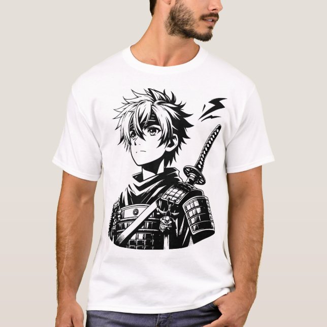 T-shirt Samurai Anime Warrior - Gras noir et blanc Illus (Devant)